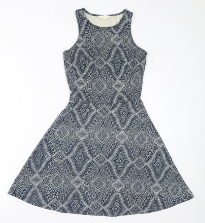 H&M Womens Blue Geometric Polyester Fit & Flare Size XS Round Neck Pullover