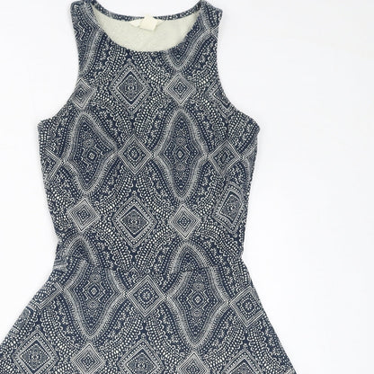 H&M Womens Blue Geometric Polyester Fit & Flare Size XS Round Neck Pullover