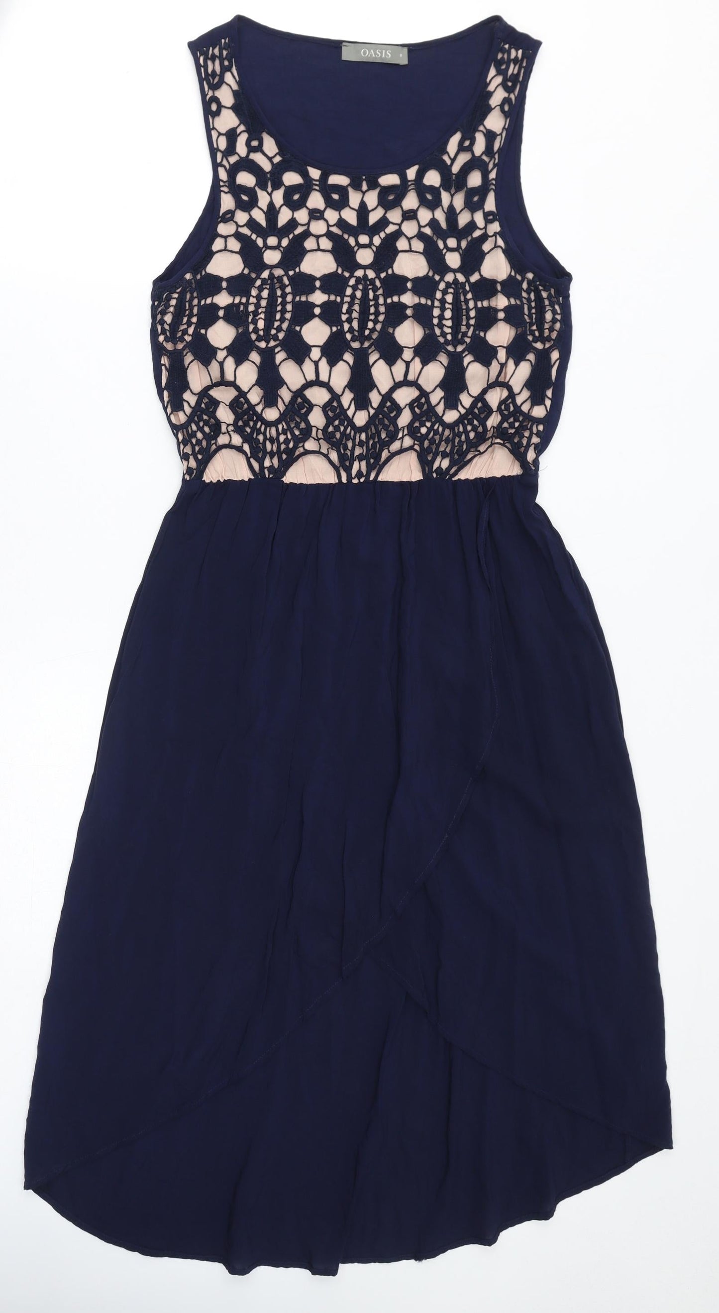 Oasis Womens Blue Viscose Tank Dress Size 8 Round Neck - Crochet Detail