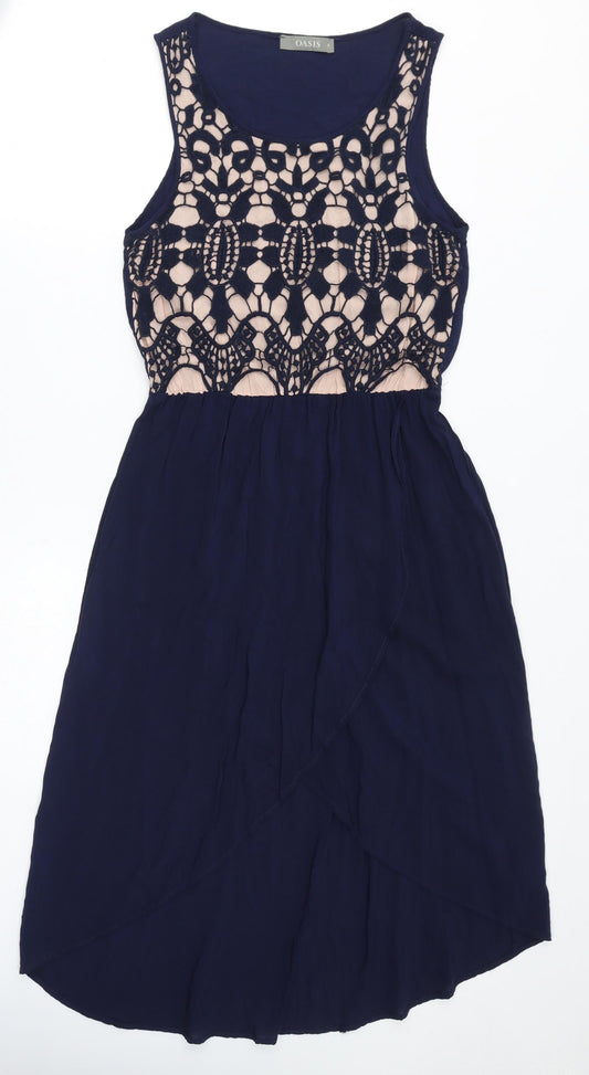 Oasis Womens Blue Viscose Tank Dress Size 8 Round Neck - Crochet Detail