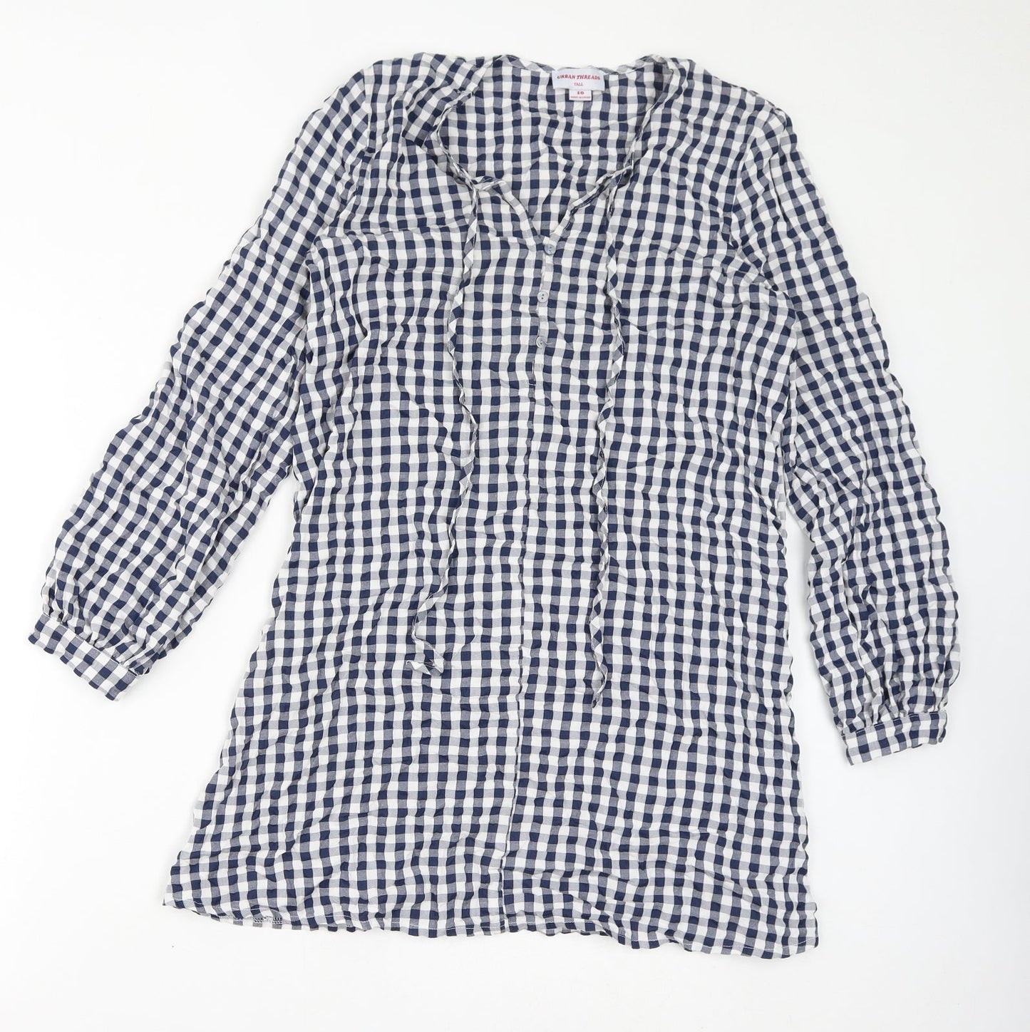 Urban Threads Womens Blue Check Polyester Mini Size 10 V-Neck Button