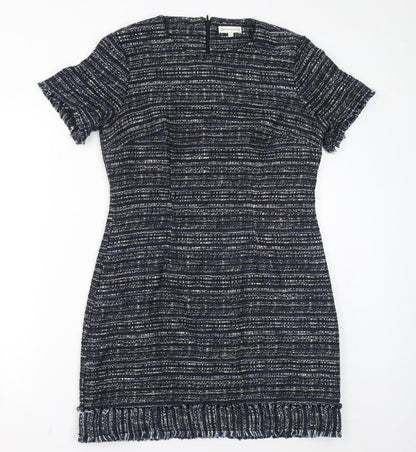 Warehouse Womens Blue Acrylic Bodycon Size 12 Round Neck Zip