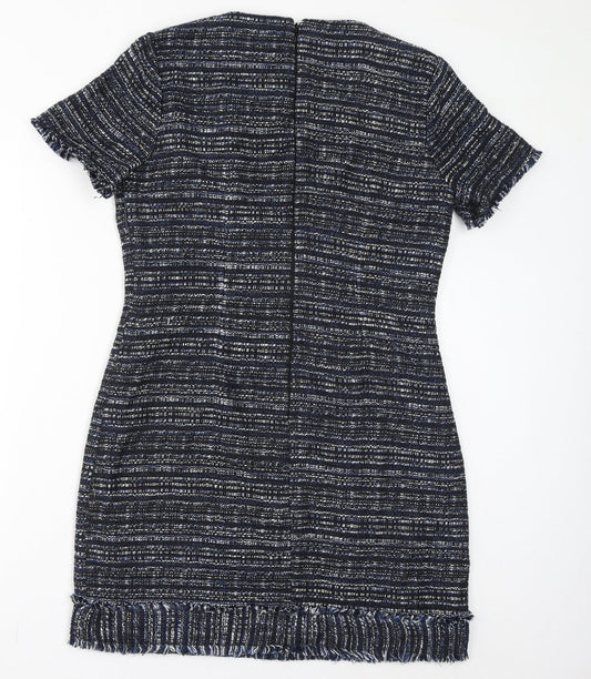 Warehouse Womens Blue Acrylic Bodycon Size 12 Round Neck Zip