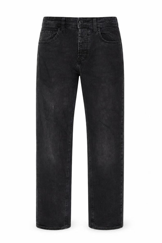 Front view of Denim & Co. men’s black cotton straight jeans, size 32, in, 30-inch leg relaxed button - pockets