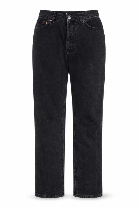 Front view of ASOS women’s black cotton straight jeans, size UK 26, in, 36-inch leg regular zip - pockets