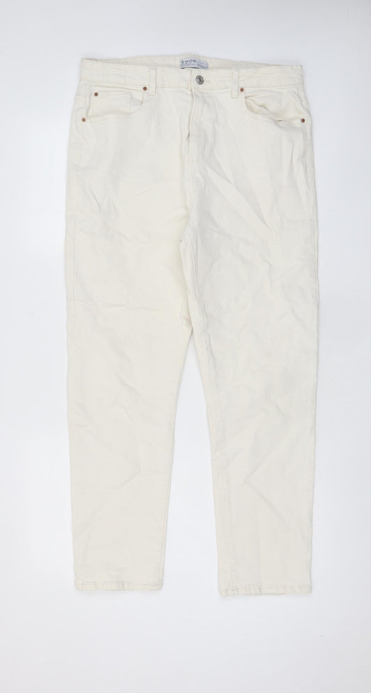 Denim & Co. Womens Ivory Cotton Straight Jeans Size 16 L29 in Regular Zip - Pockets