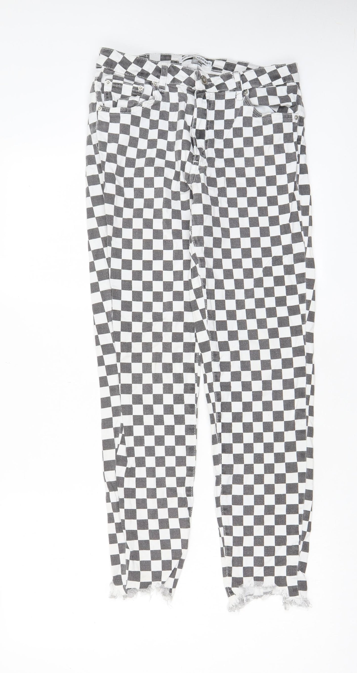 Pull&Bear Womens Grey Check Cotton Straight Jeans Size 30 in L28 in Regular Zip - Pockets