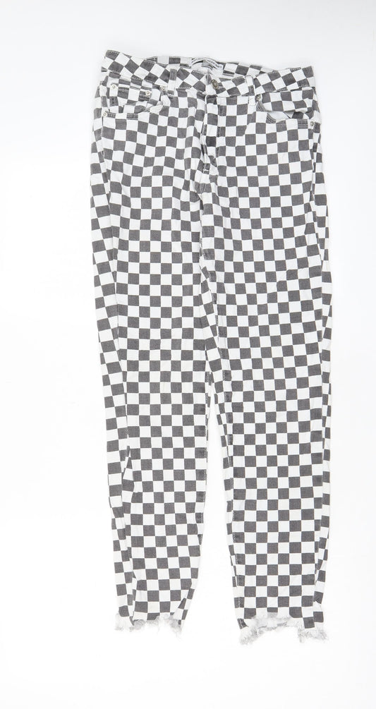 Pull&Bear Womens Grey Check Cotton Straight Jeans Size 30 in L28 in Regular Zip - Pockets