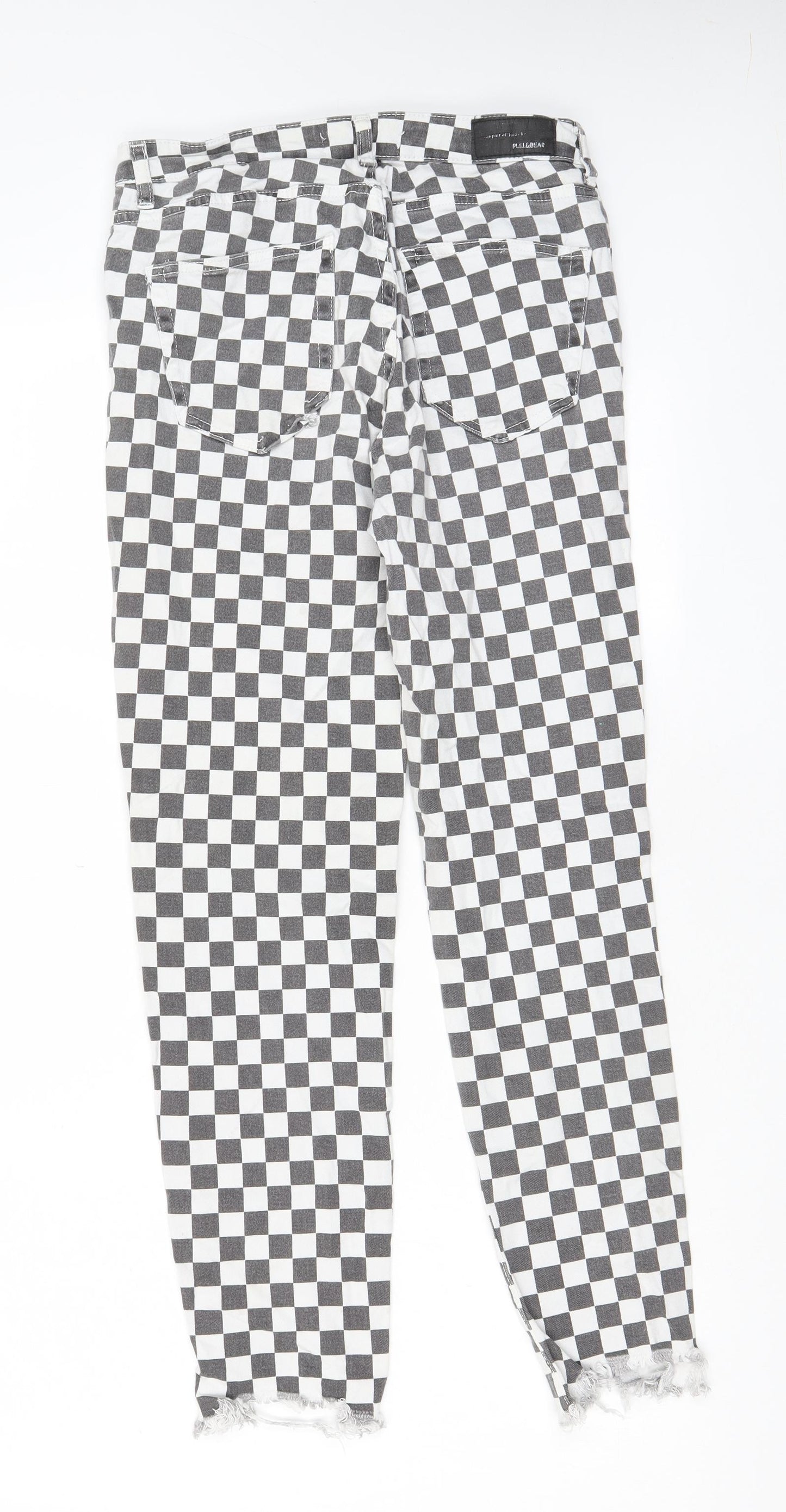 Pull&Bear Womens Grey Check Cotton Straight Jeans Size 30 in L28 in Regular Zip - Pockets
