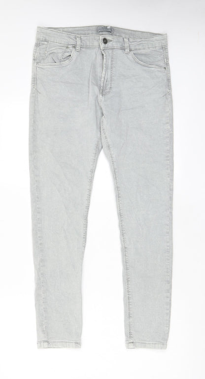 Bershka Womens Grey Cotton Skinny Jeans Size 14 L28 in Regular Zip - Pockets