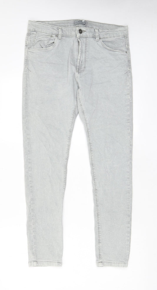 Bershka Womens Grey Cotton Skinny Jeans Size 14 L28 in Regular Zip - Pockets