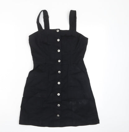 H&M Womens Black Cotton Pencil Dress Size 8 Square Neck Button - Pockets