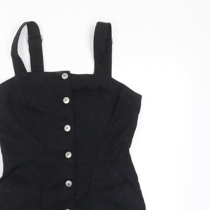 H&M Womens Black Cotton Pencil Dress Size 8 Square Neck Button - Pockets