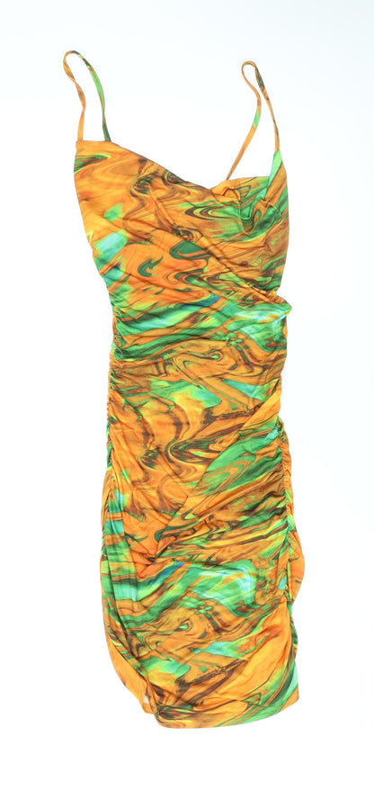 PRETTYLITTLETHING Womens Orange Geometric Polyester Bodycon Size 8 Cowl Neck Pullover - Marble Effect Ruched