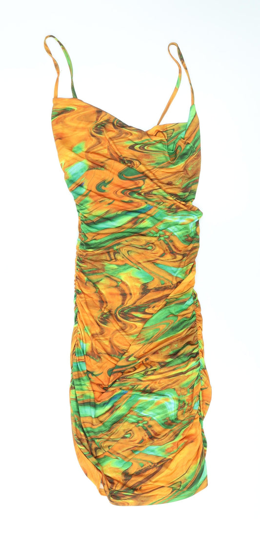 PRETTYLITTLETHING Womens Orange Geometric Polyester Bodycon Size 8 Cowl Neck Pullover - Marble Effect Ruched