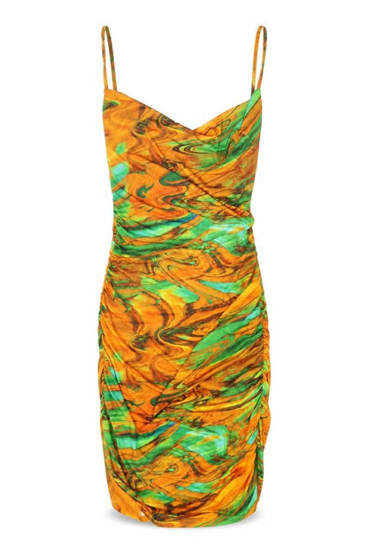 PRETTYLITTLETHING Womens Orange Geometric Polyester Bodycon Size 8 Cowl Neck Pullover - Marble Effect Ruched