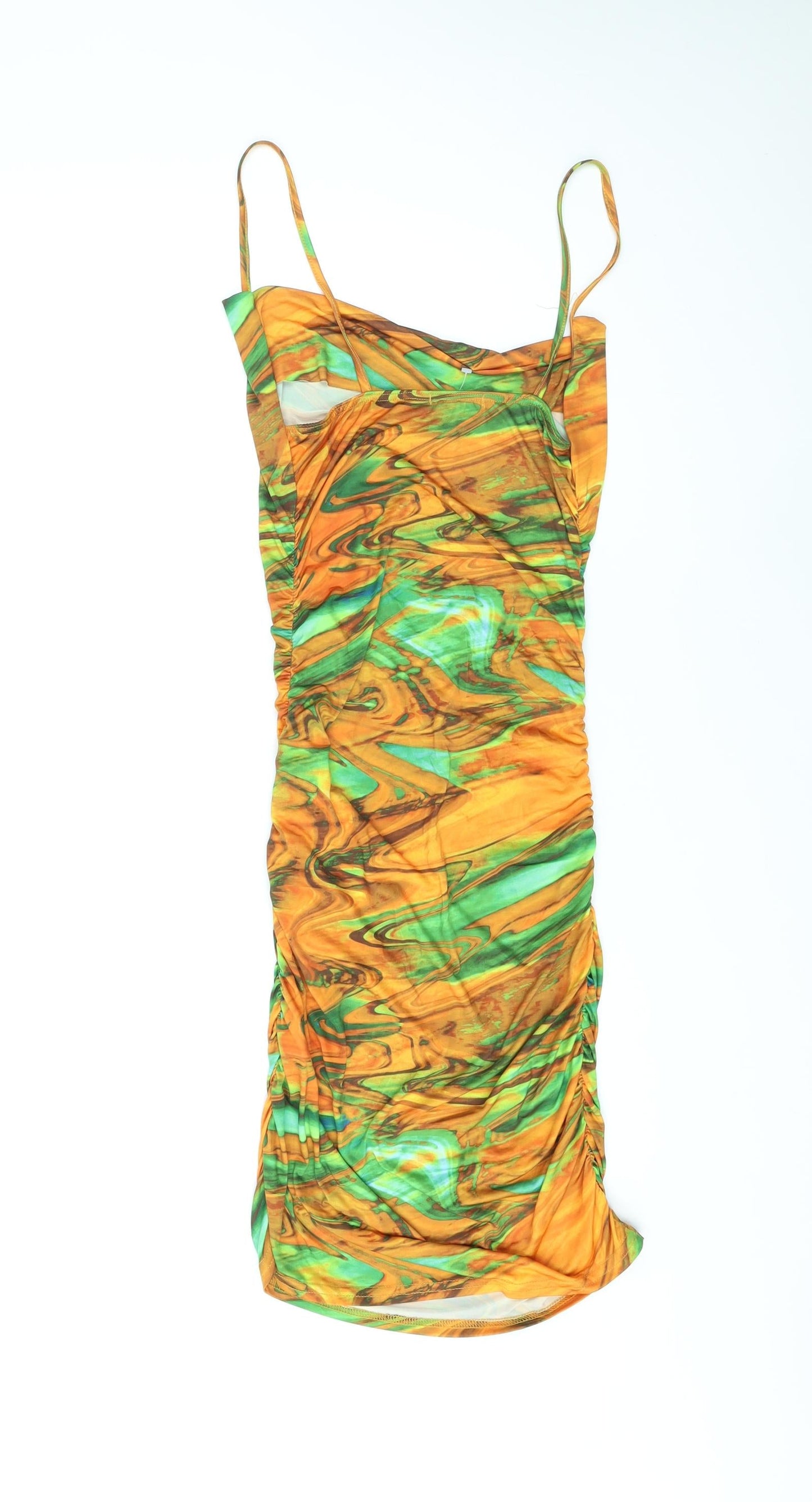 PRETTYLITTLETHING Womens Orange Geometric Polyester Bodycon Size 8 Cowl Neck Pullover - Marble Effect Ruched