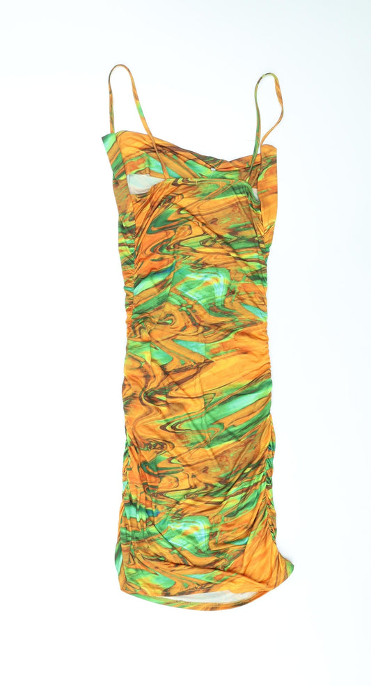 PRETTYLITTLETHING Womens Orange Geometric Polyester Bodycon Size 8 Cowl Neck Pullover - Marble Effect Ruched