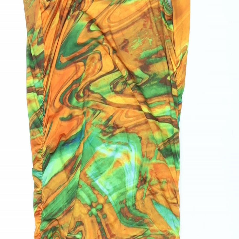 PRETTYLITTLETHING Womens Orange Geometric Polyester Bodycon Size 8 Cowl Neck Pullover - Marble Effect Ruched