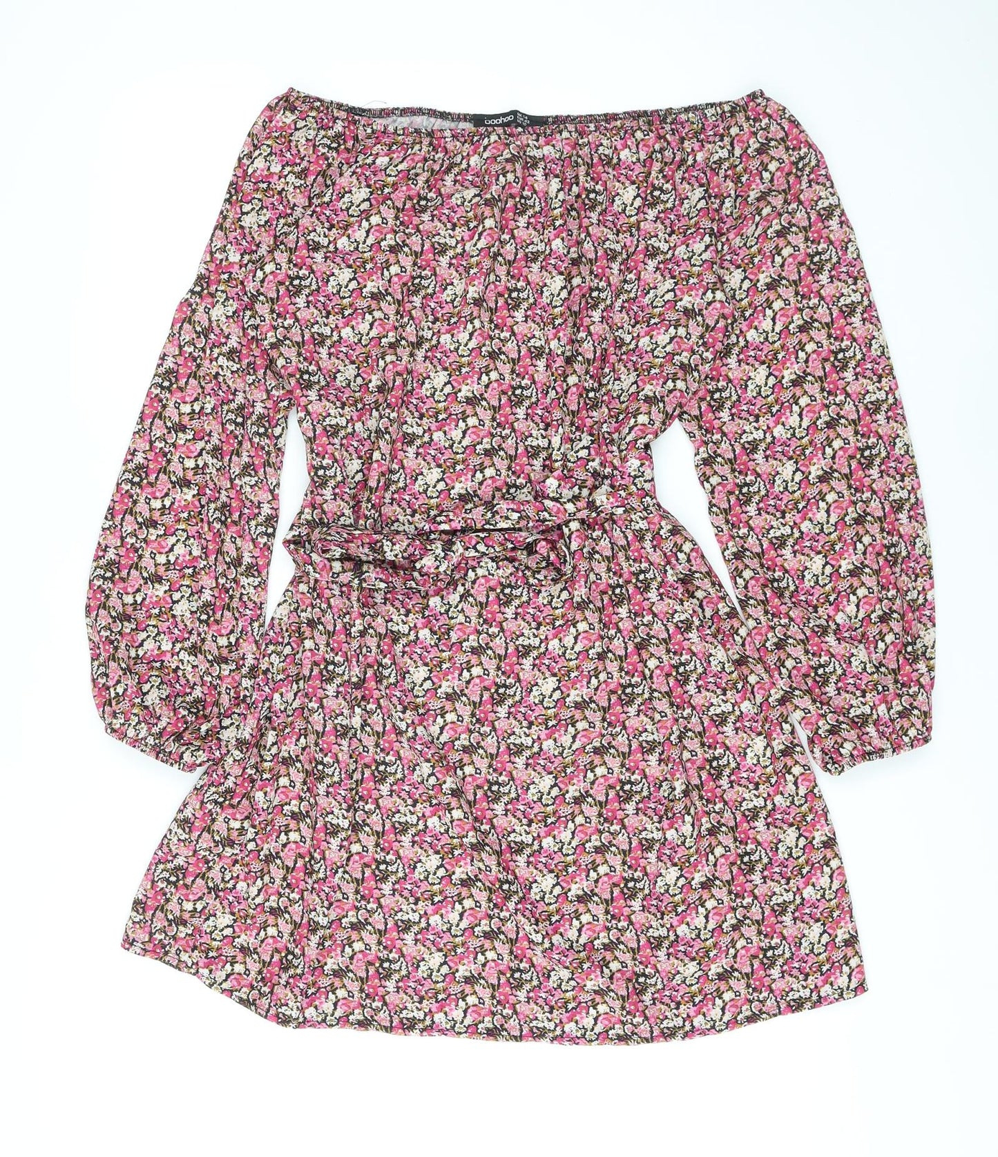 Boohoo Womens Pink Floral Polyester A-Line Size 14 Off the Shoulder Pullover