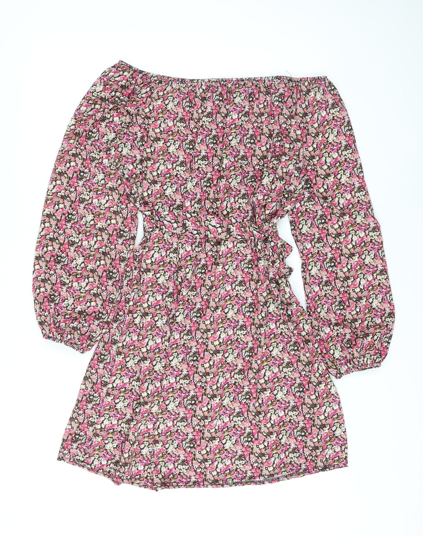 Boohoo Womens Pink Floral Polyester A-Line Size 14 Off the Shoulder Pullover