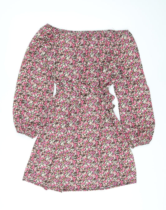 Boohoo Womens Pink Floral Polyester A-Line Size 14 Off the Shoulder Pullover