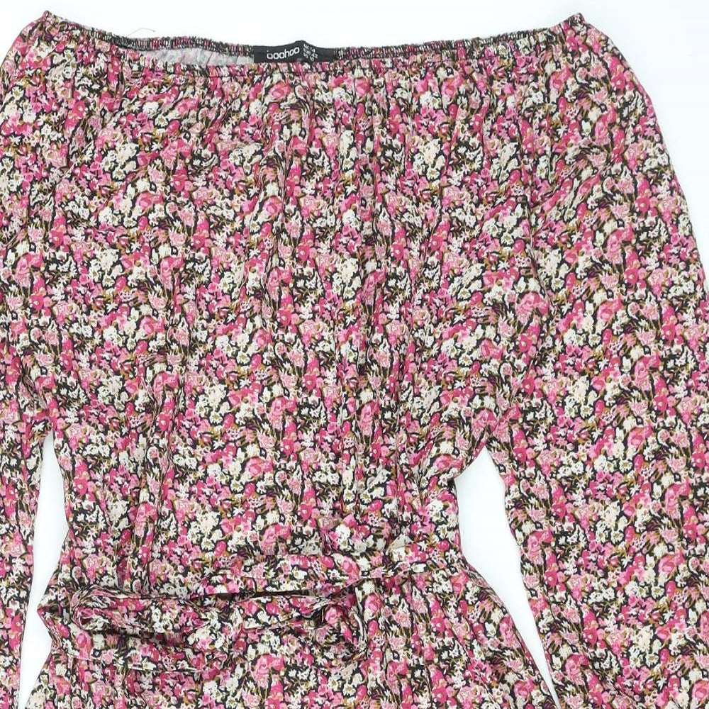Boohoo Womens Pink Floral Polyester A-Line Size 14 Off the Shoulder Pullover