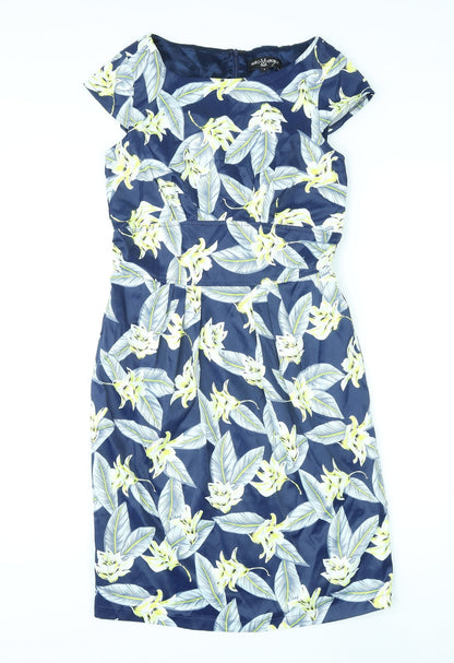 Marc Angelo Womens Blue Floral Cotton A-Line Size 8 Round Neck Zip