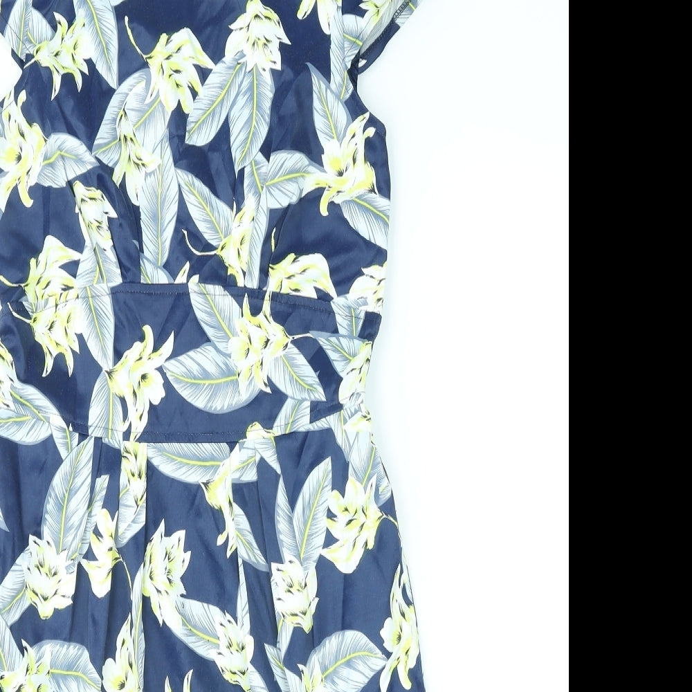 Marc Angelo Womens Blue Floral Cotton A-Line Size 8 Round Neck Zip