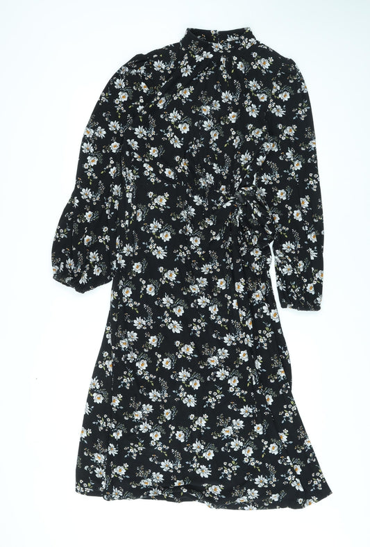 Blue Vanilla Womens Black Floral Polyester A-Line Size 12 Mock Neck Button
