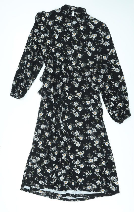 Blue Vanilla Womens Black Floral Polyester A-Line Size 12 Mock Neck Button