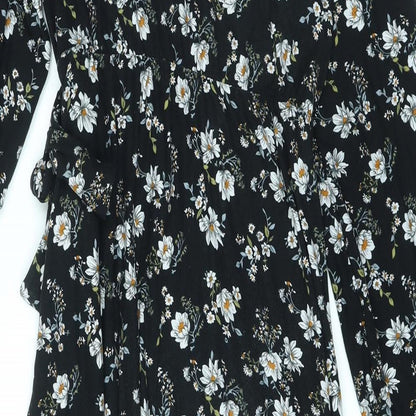Blue Vanilla Womens Black Floral Polyester A-Line Size 12 Mock Neck Button