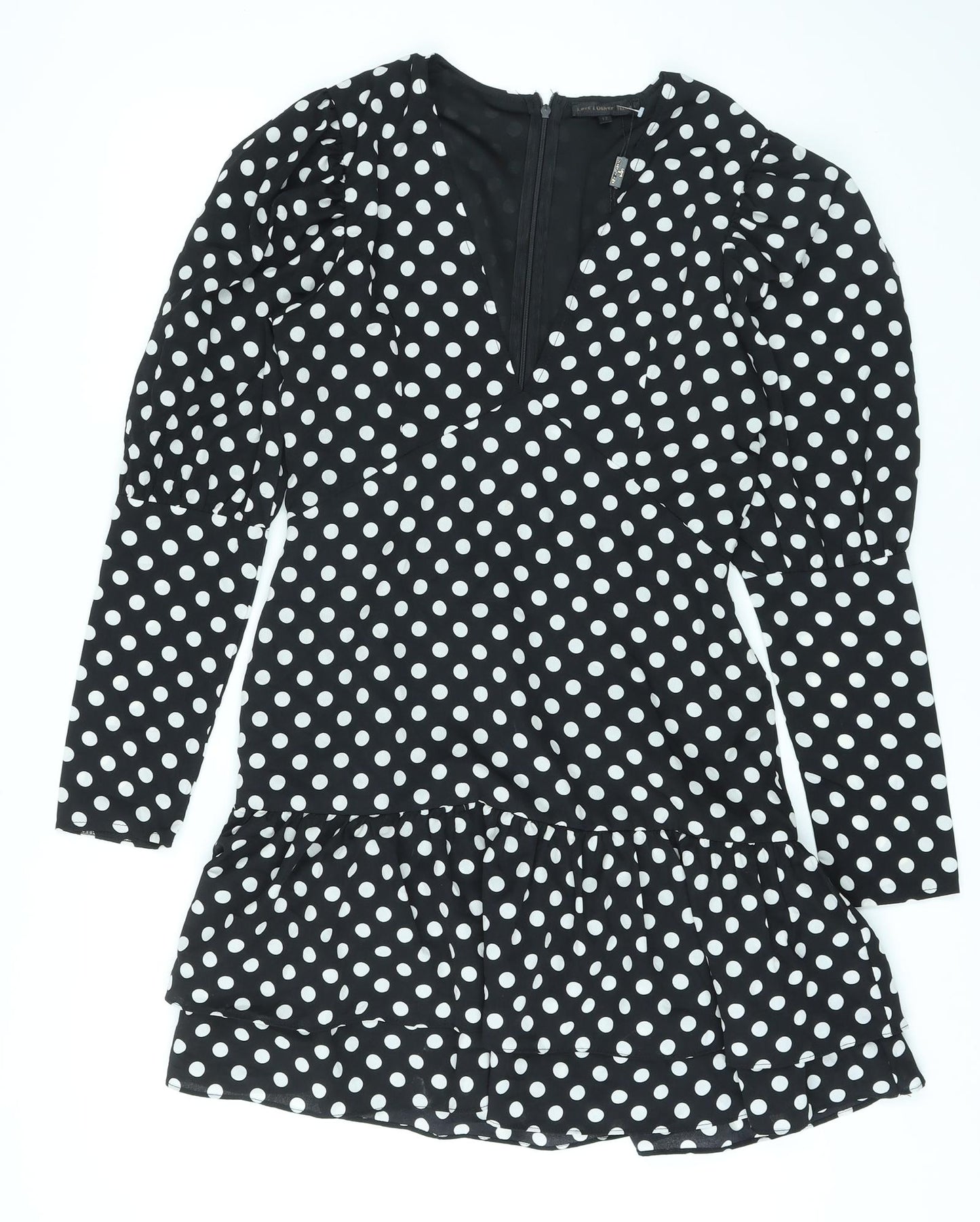 Love & Other Things Womens Black Polka Dot Polyester A-Line Size 12 V-Neck Zip