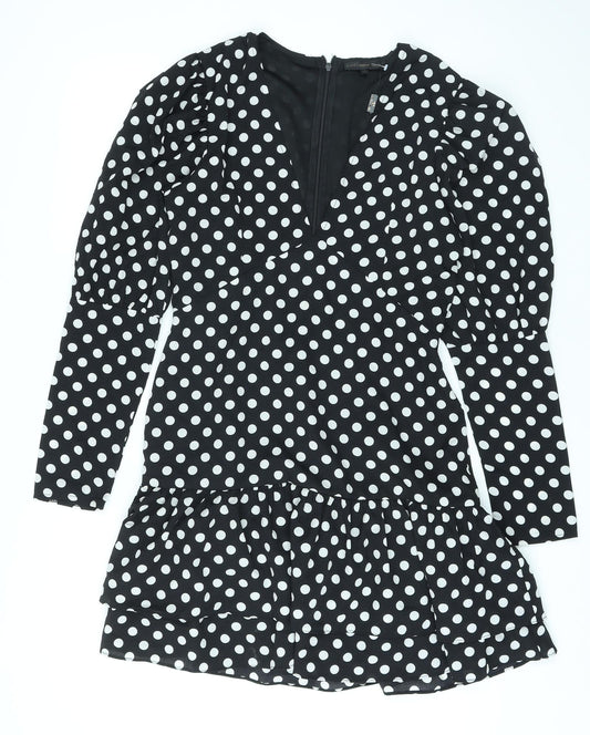 Love & Other Things Womens Black Polka Dot Polyester A-Line Size 12 V-Neck Zip