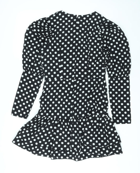 Love & Other Things Womens Black Polka Dot Polyester A-Line Size 12 V-Neck Zip
