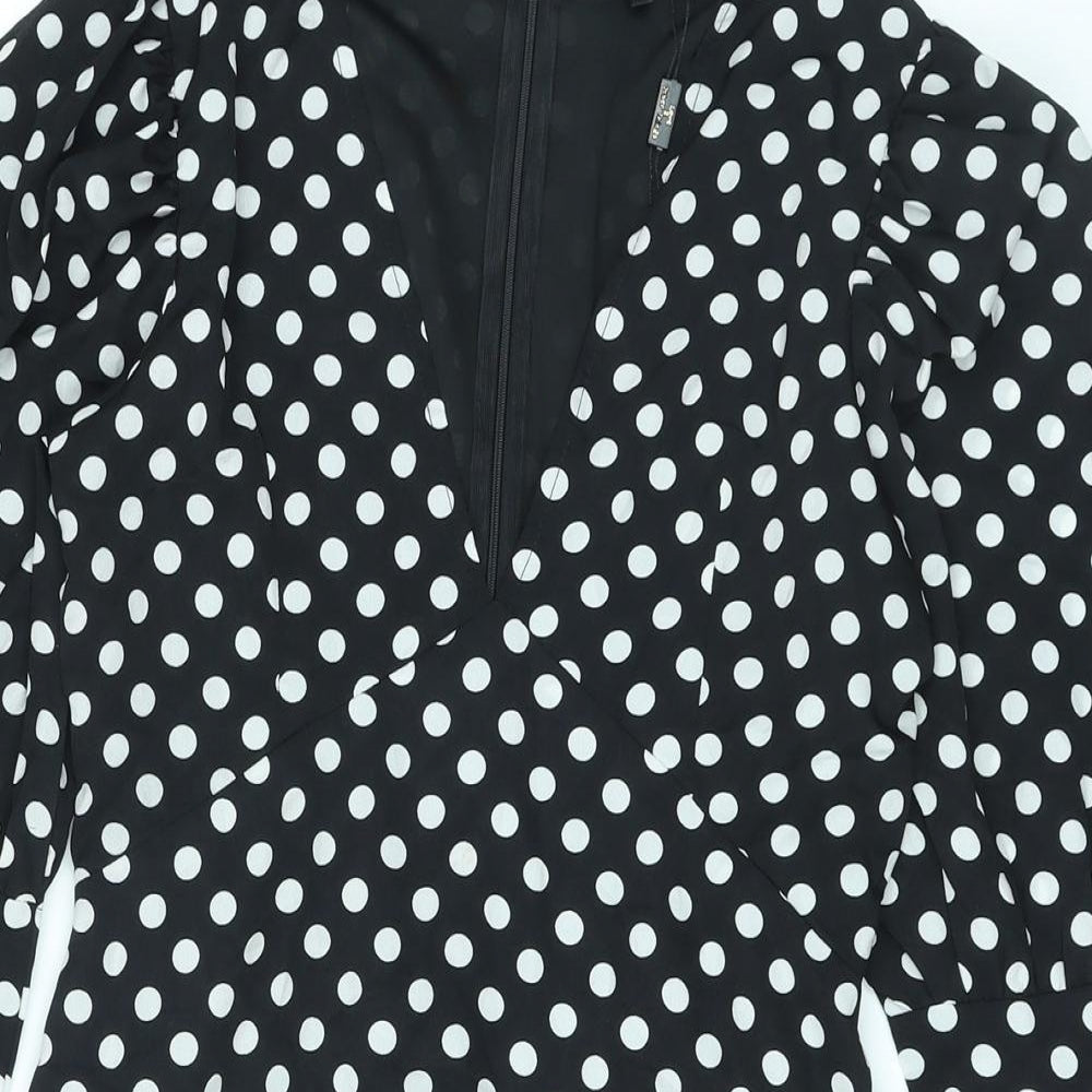 Love & Other Things Womens Black Polka Dot Polyester A-Line Size 12 V-Neck Zip