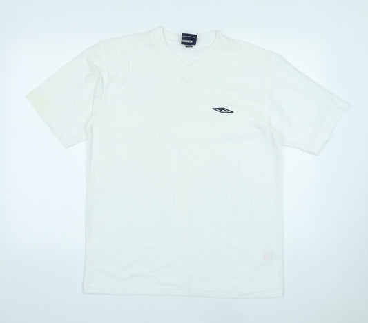 Umbro Mens White Polyester Basic T-Shirt Size L V-Neck Pullover - Logo