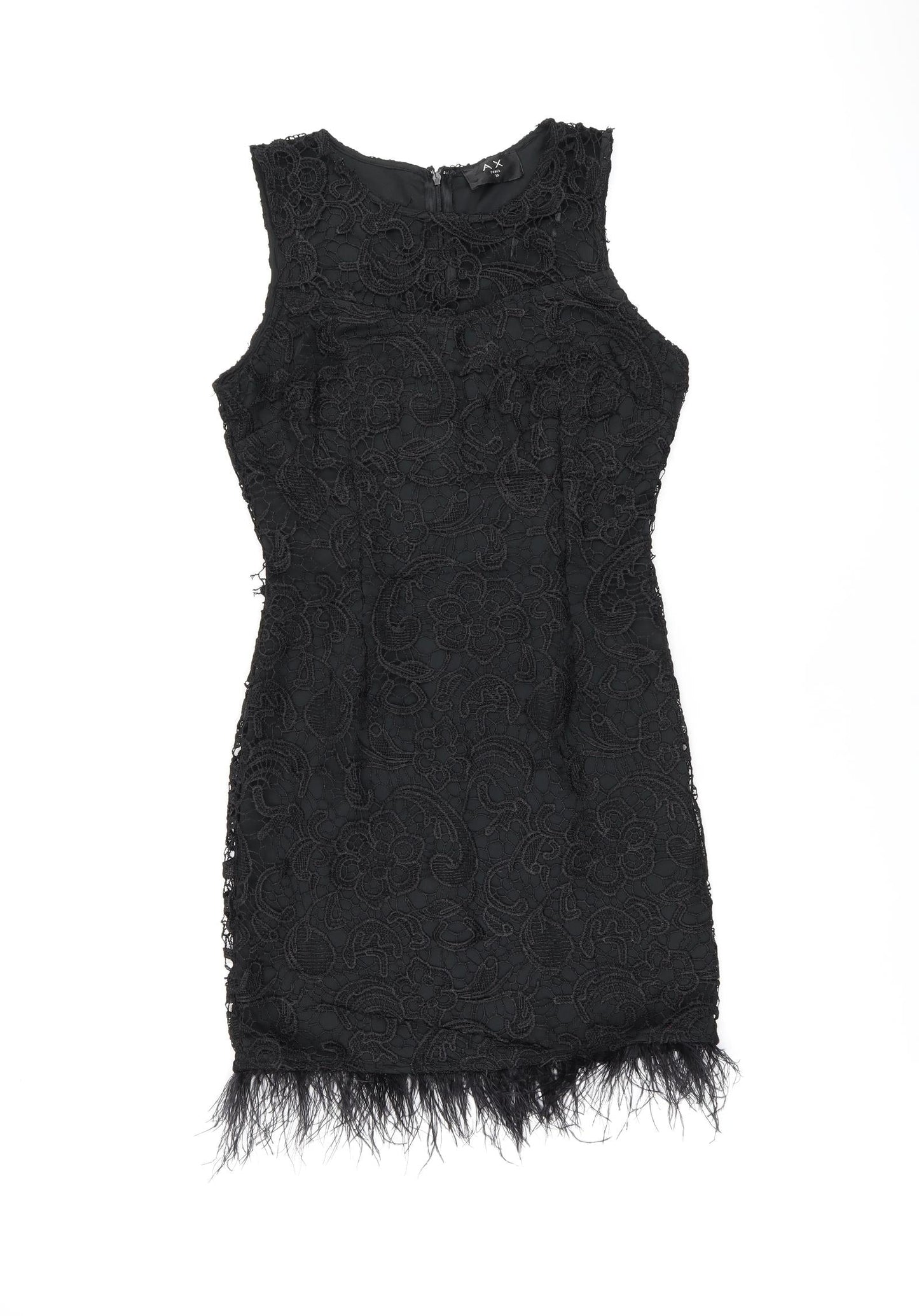 AX Paris Womens Black Floral Polyester Bodycon Size 10 Round Neck Zip - Feather Hem