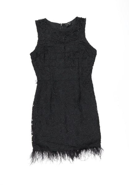 AX Paris Womens Black Floral Polyester Bodycon Size 10 Round Neck Zip - Feather Hem