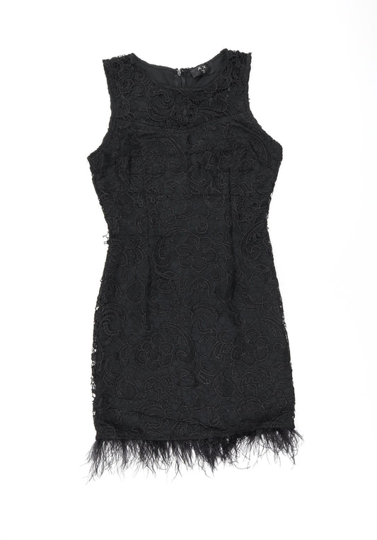 AX Paris Womens Black Floral Polyester Bodycon Size 10 Round Neck Zip - Feather Hem