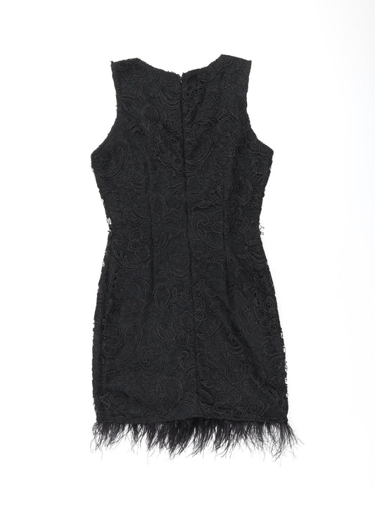 AX Paris Womens Black Floral Polyester Bodycon Size 10 Round Neck Zip - Feather Hem