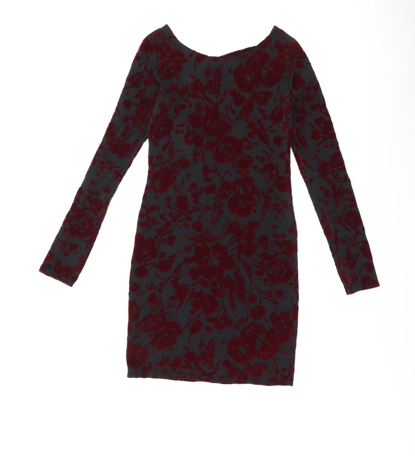 Boohoo Womens Black Floral Polyester Bodycon Size 8 Boat Neck Pullover - Cut Out Back