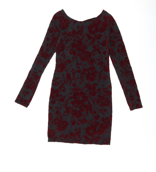 Boohoo Womens Black Floral Polyester Bodycon Size 8 Boat Neck Pullover - Cut Out Back