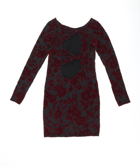 Boohoo Womens Black Floral Polyester Bodycon Size 8 Boat Neck Pullover - Cut Out Back