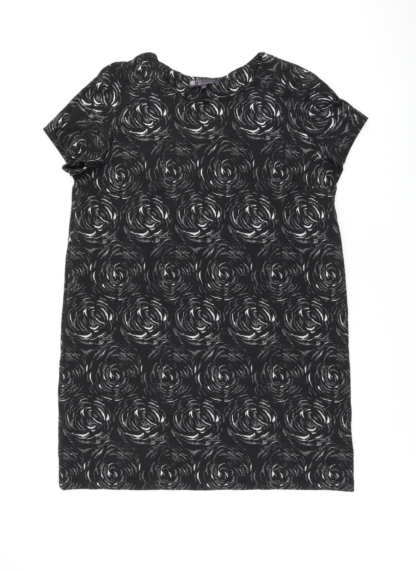 Marks and Spencer Womens Black Geometric Polyester Shift Size 18 Boat Neck Pullover