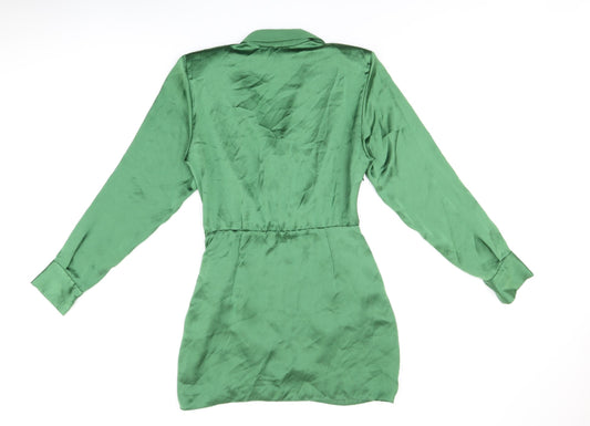 Zara Womens Green Polyester Shirt Dress Size S Collared Zip