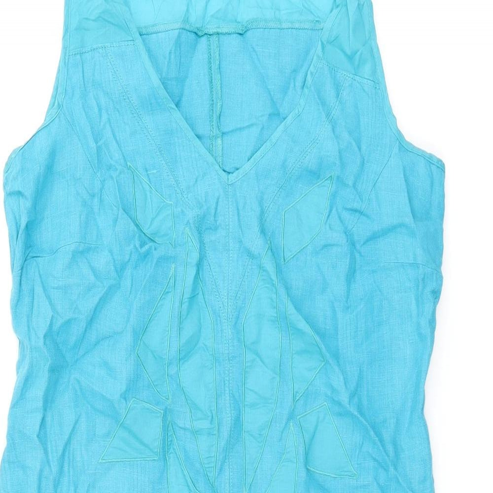 Miss Captain Womens Blue Linen Shift Size 12 V-Neck Zip