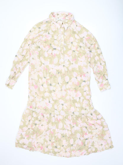H&M Womens Pink Floral Viscose Shirt Dress Size L Collared Button