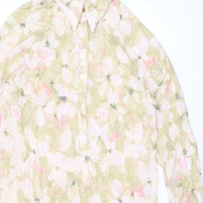 H&M Womens Pink Floral Viscose Shirt Dress Size L Collared Button