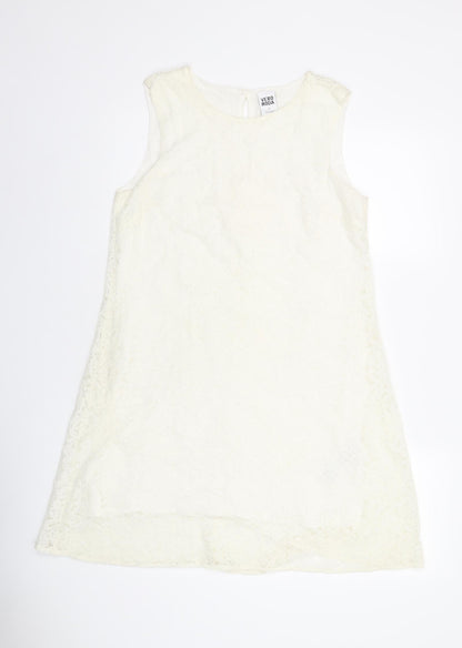 VERO MODA Womens White Floral Polyamide Shift Size M Boat Neck Button